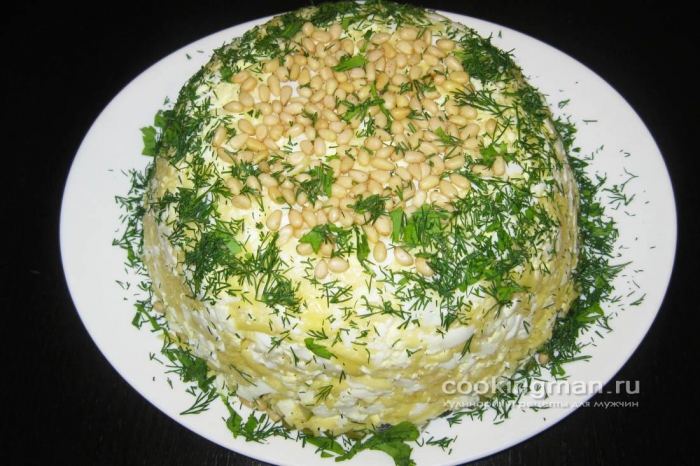 Фото салата из говядины, соленых огурцов, яиц и сыра 